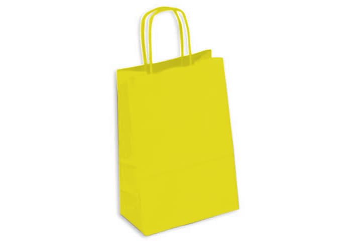 A yellow kraft paper bag with two handles and a simple design, featuring a logo or branding.