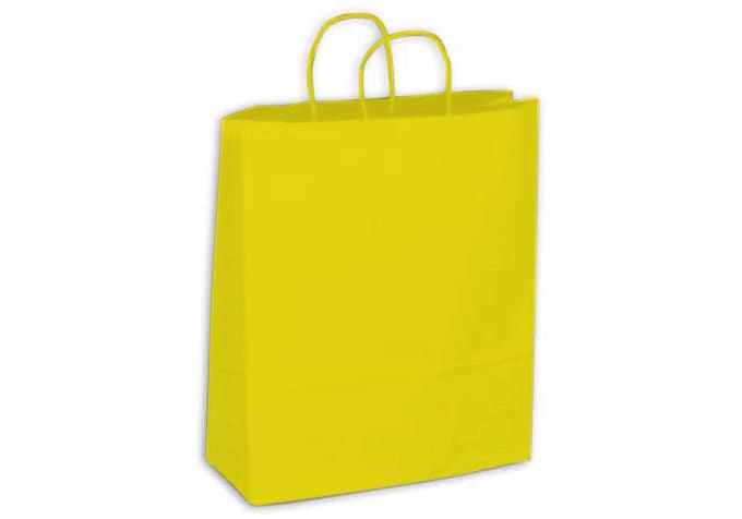 A bright yellow medium-sized kraft paper bag with two handles and a plain surface.