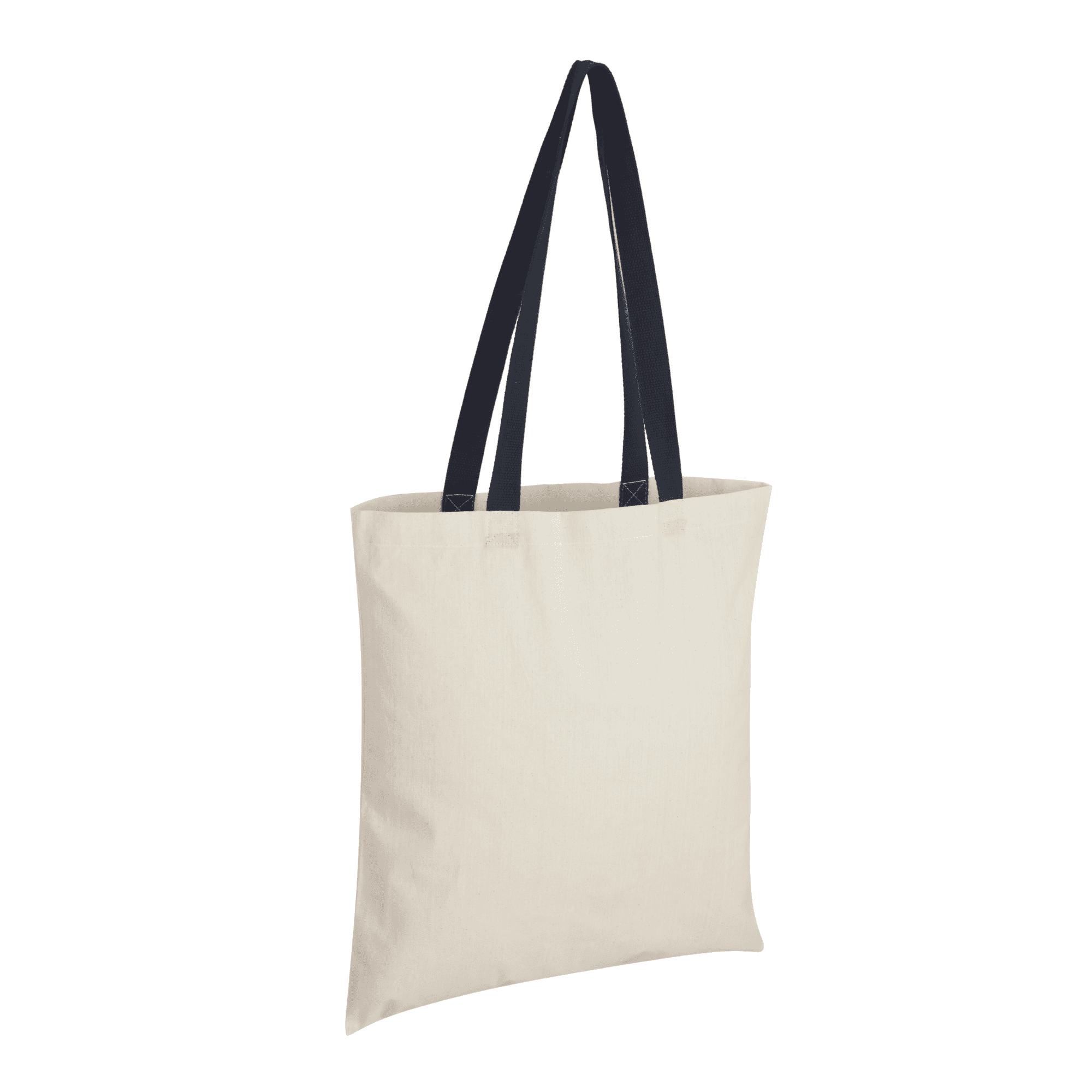 A cotton tote bag with navy blue handles, featuring a plain design and a logo.