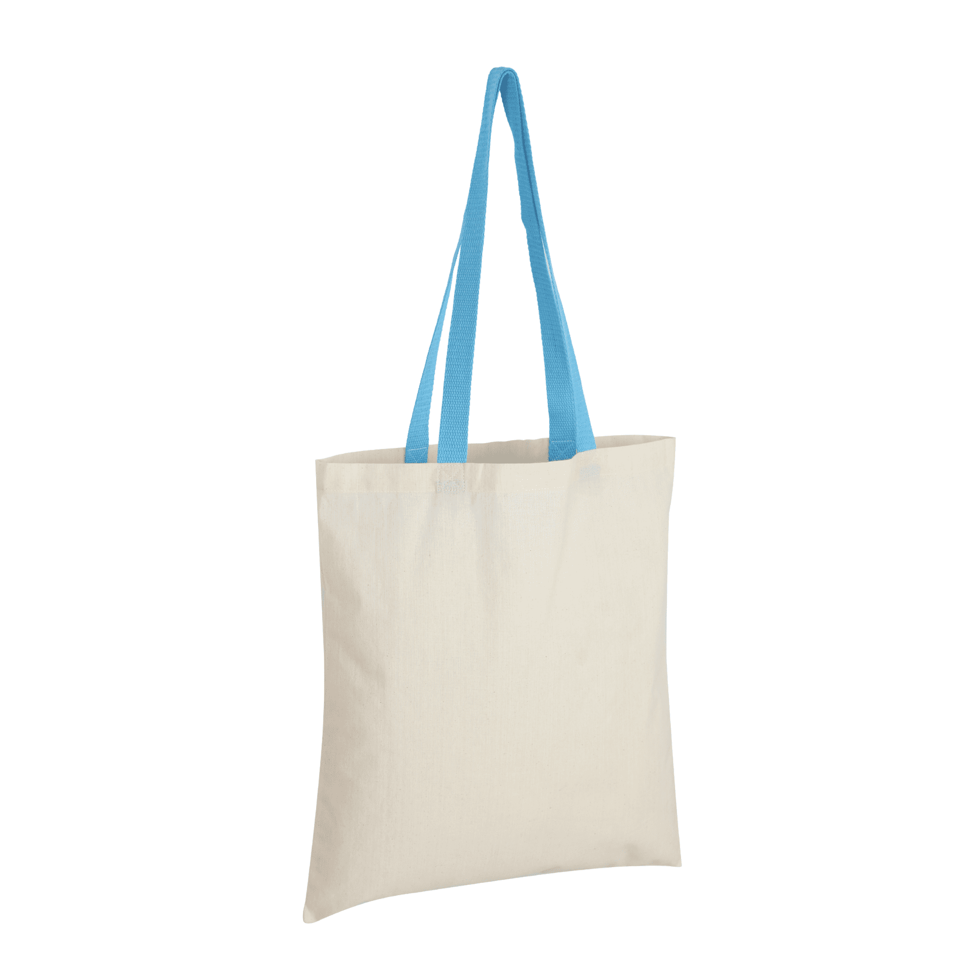 A cream tote bag with light blue handles, featuring a logo on one side.