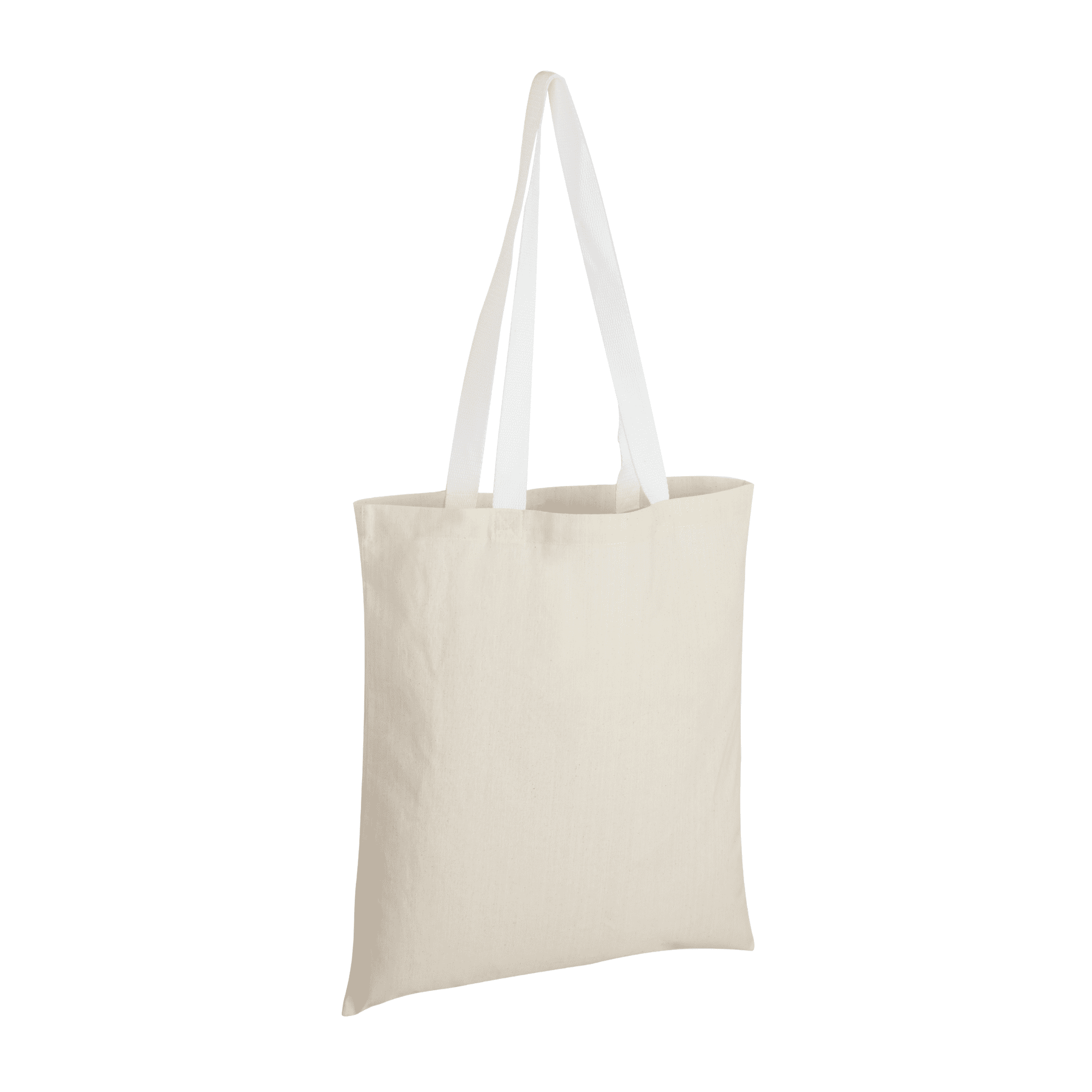 A cotton tote bag in a neutral cream colour with white handles and a simple design, featuring a logo.
