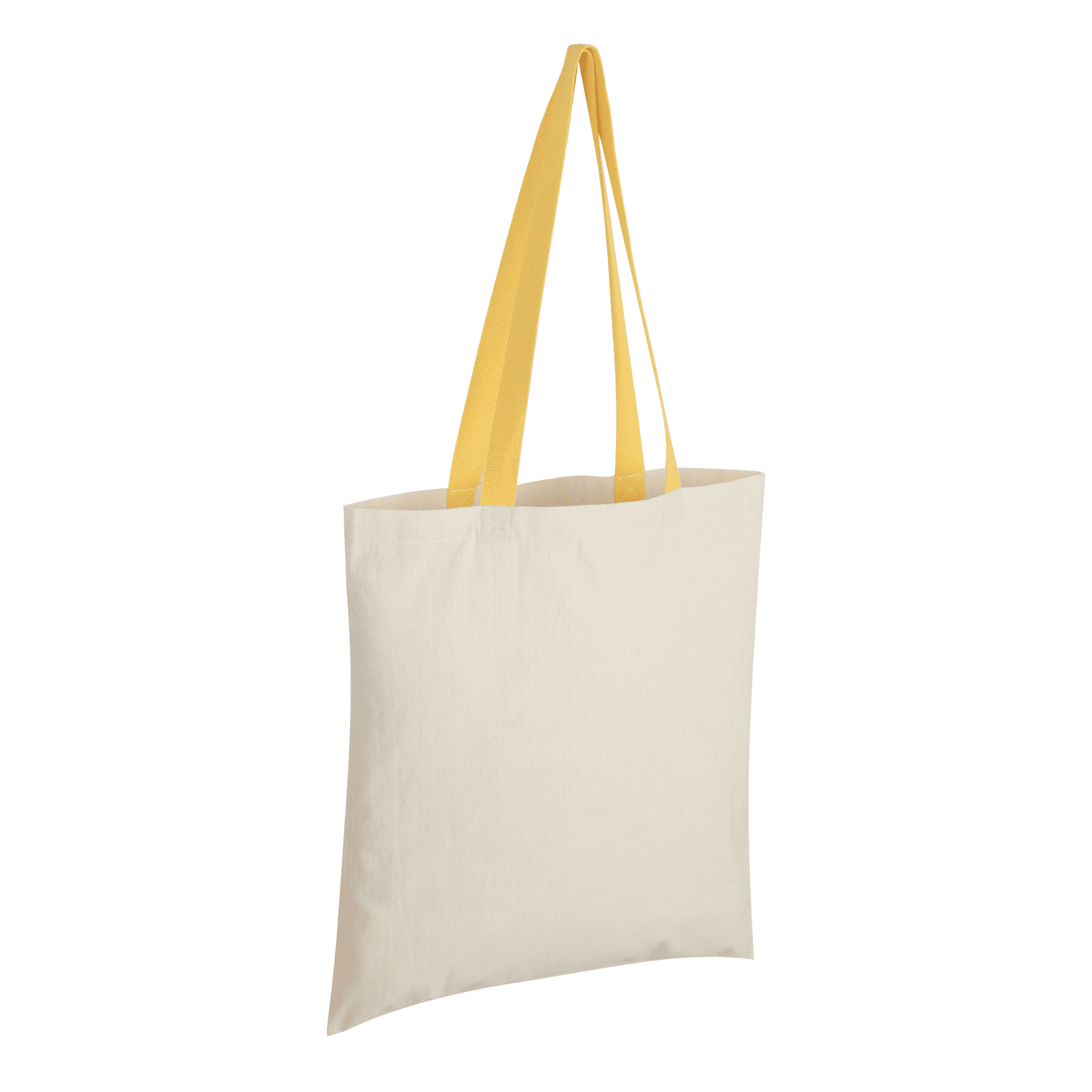 A cream tote bag with bright yellow handles, featuring a simple design and a logo.