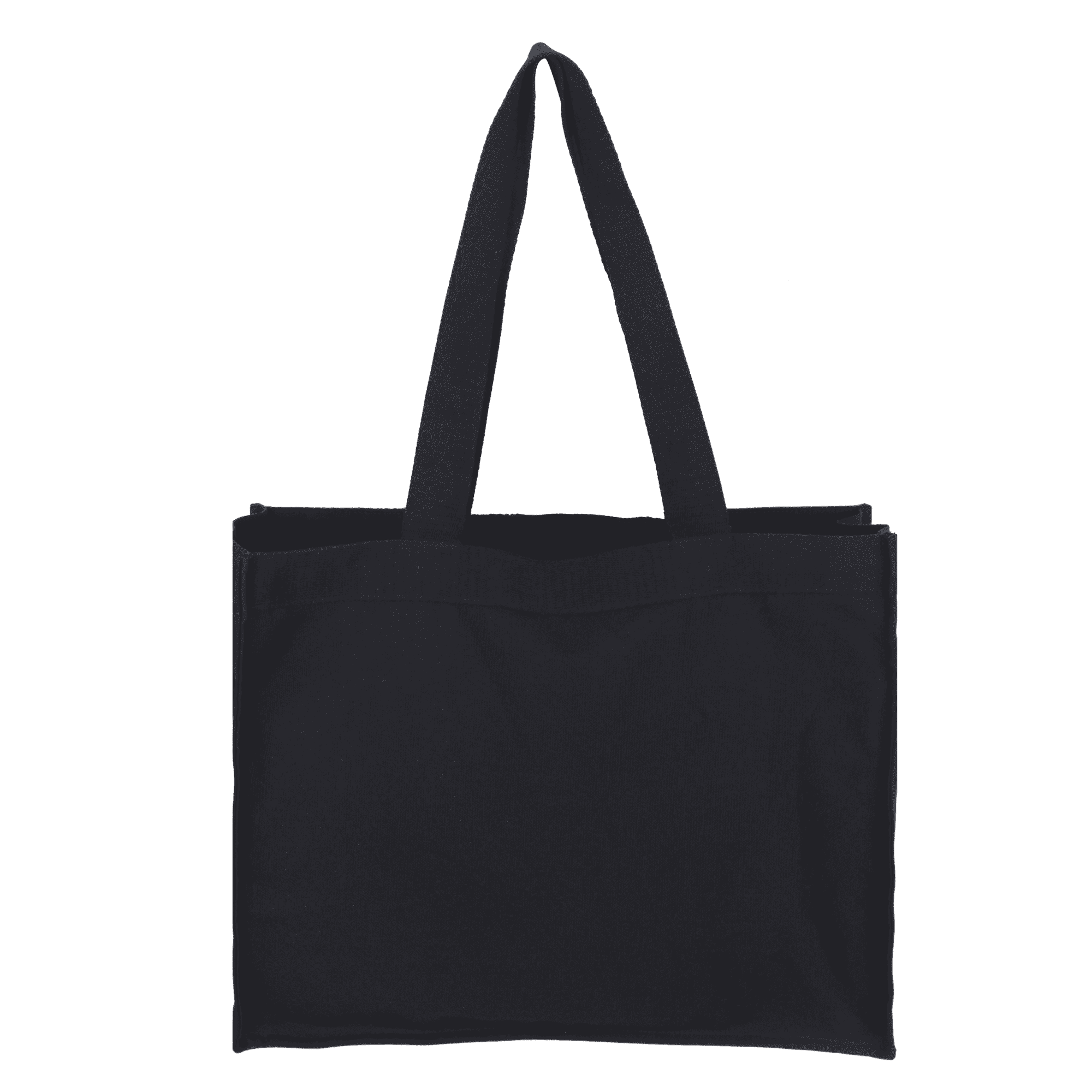 A black canvas bag with two handles and a simple design, featuring a logo on one side.