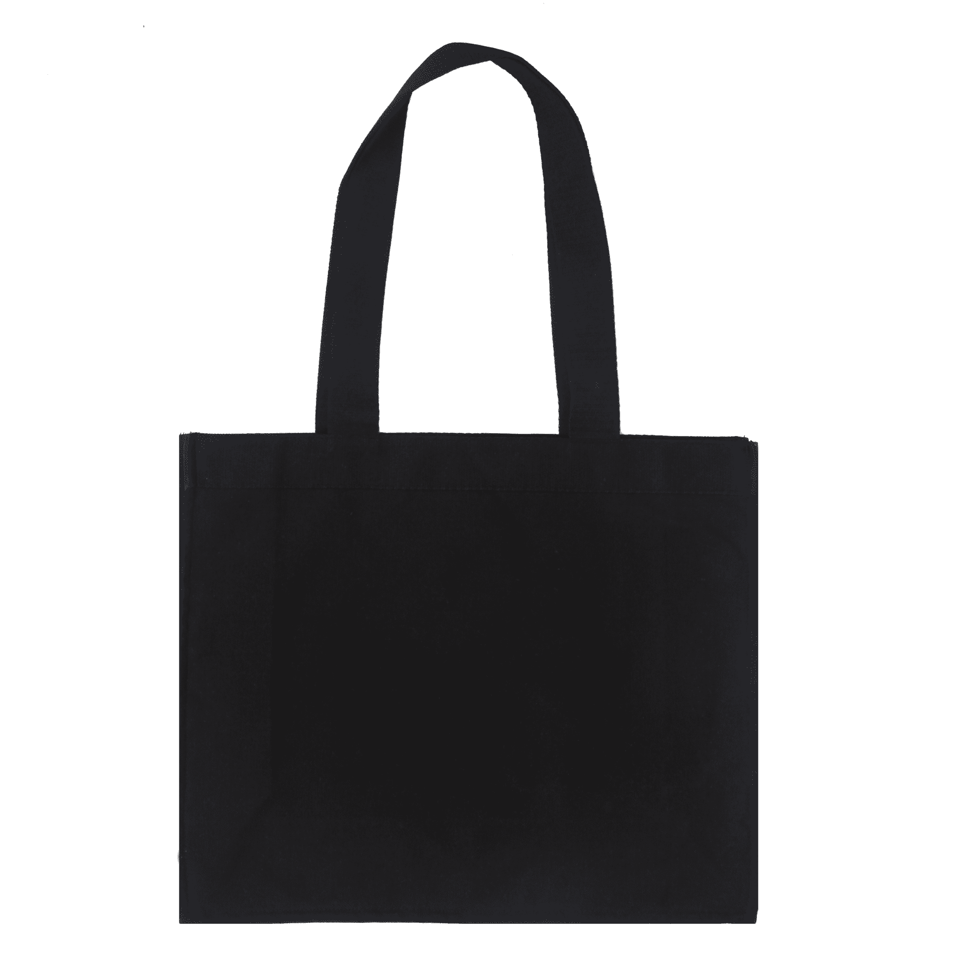 A black canvas bag with two long handles and an empty design, featuring a logo or branding.
