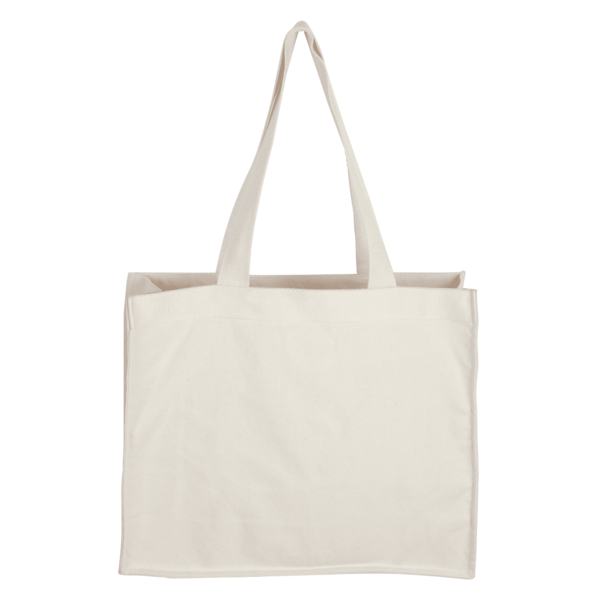 A canvas bag in a light cream colour with two long handles and a simple design, featuring a logo.