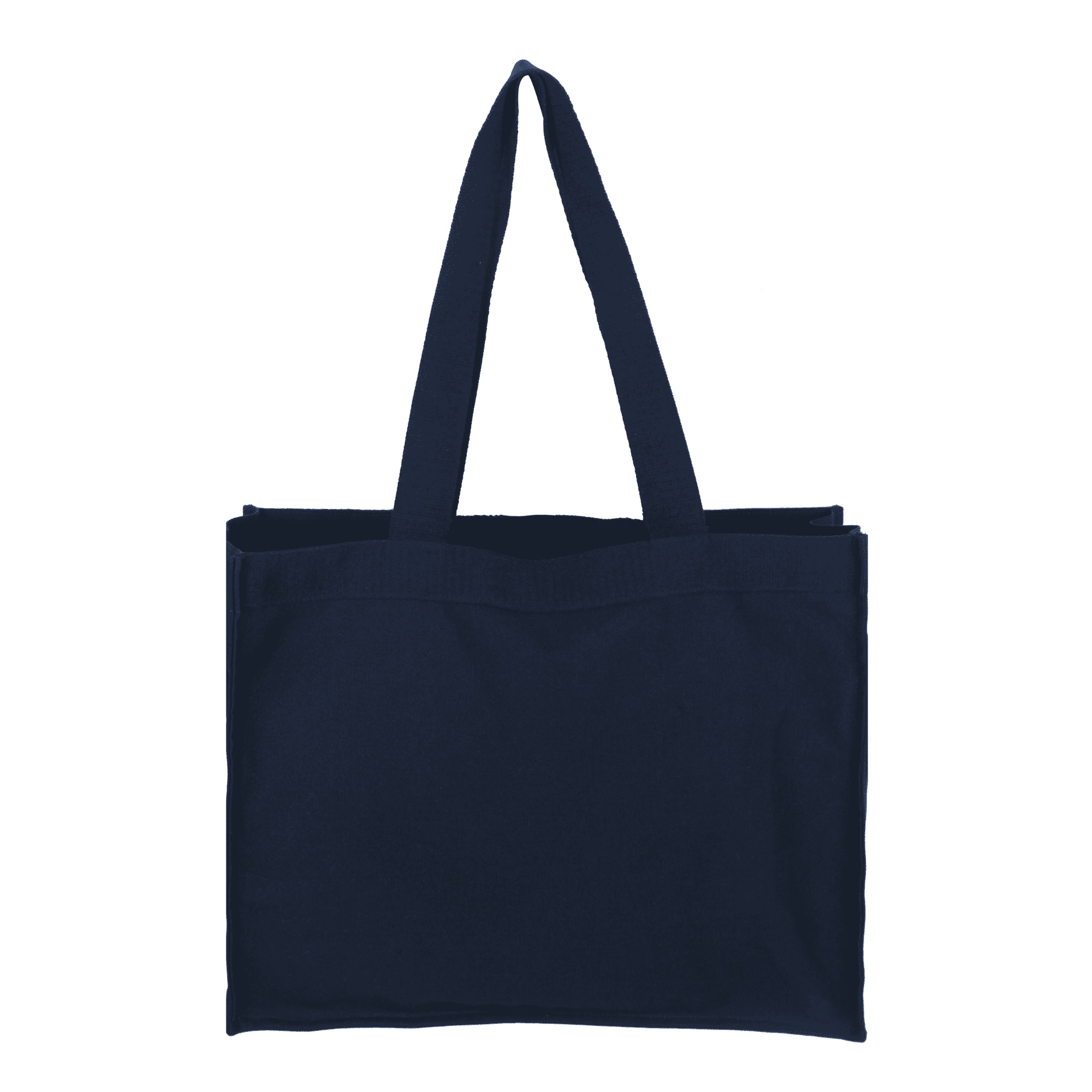 A navy canvas bag with two handles and a simple design. The bag includes a logo on one side.
