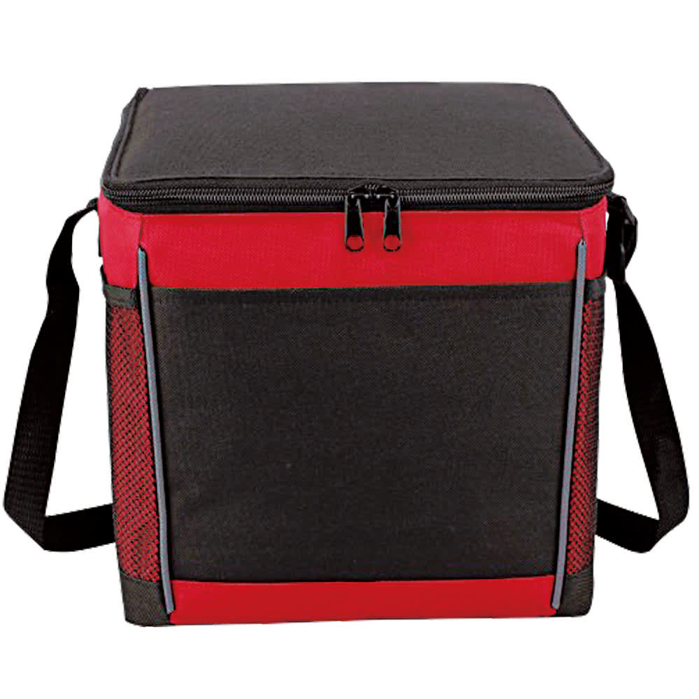 A square cooler bag in red and black, featuring a zippered top and a shoulder strap, with mesh side pockets.