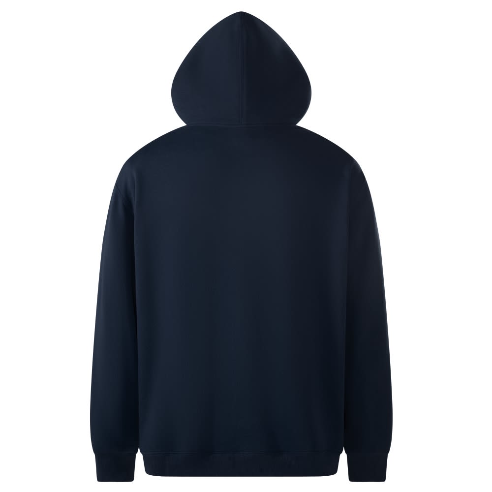 A navy hoodie with a large hood, featuring a plain back design and long sleeves. The hoodie includes a logo.