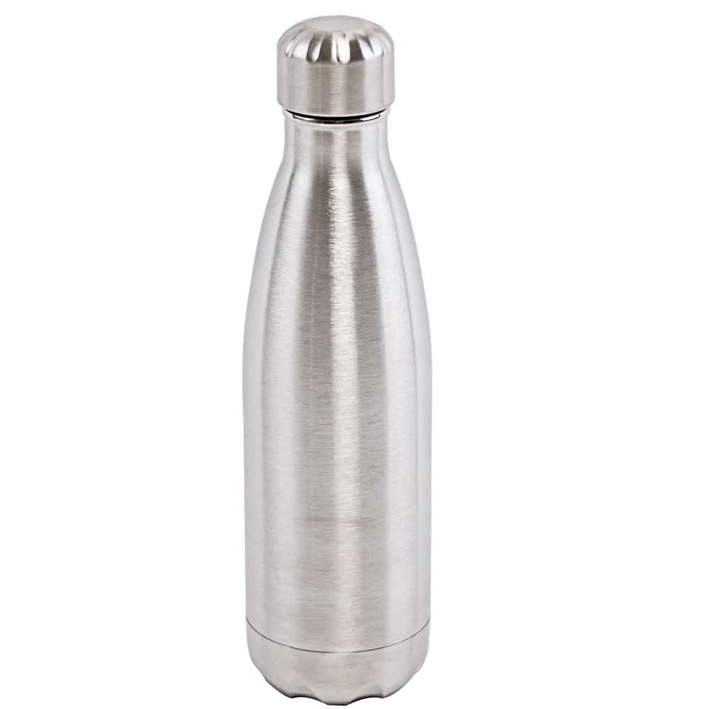 A drink bottle made of stainless steel with a sleek, silver finish and a rounded top. It features a logo.