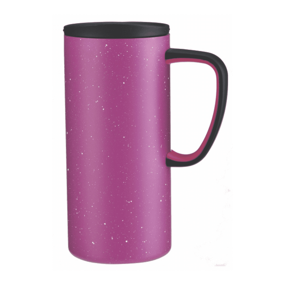 A drink bottle in vibrant pink with a black lid and handle, featuring a speckled design and a logo.