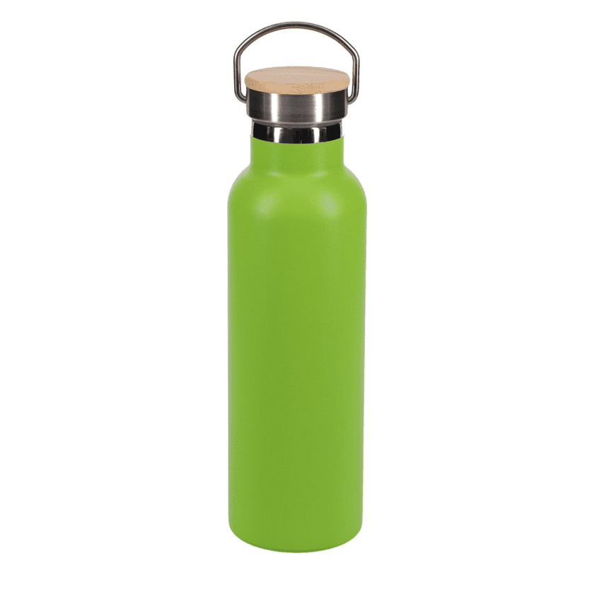 A drink bottle in bright green with a stainless steel cap and a wooden top. It features a logo.