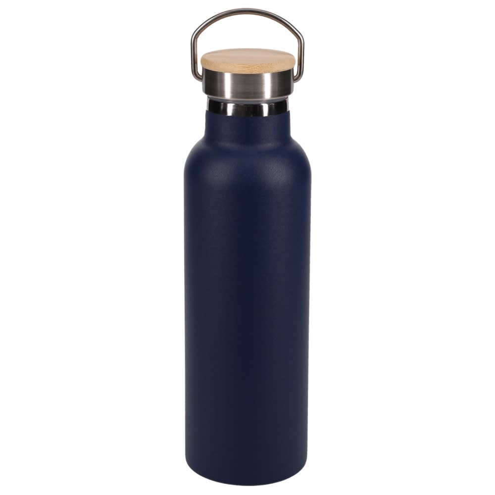 A drink bottle in navy blue with a stainless steel cap and a wooden top. Features a sleek design and a logo.