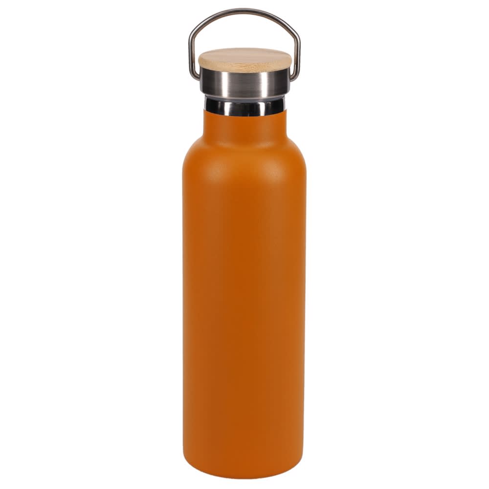 A drink bottle in matte orange with a stainless steel lid and a wooden top handle. It features a logo.
