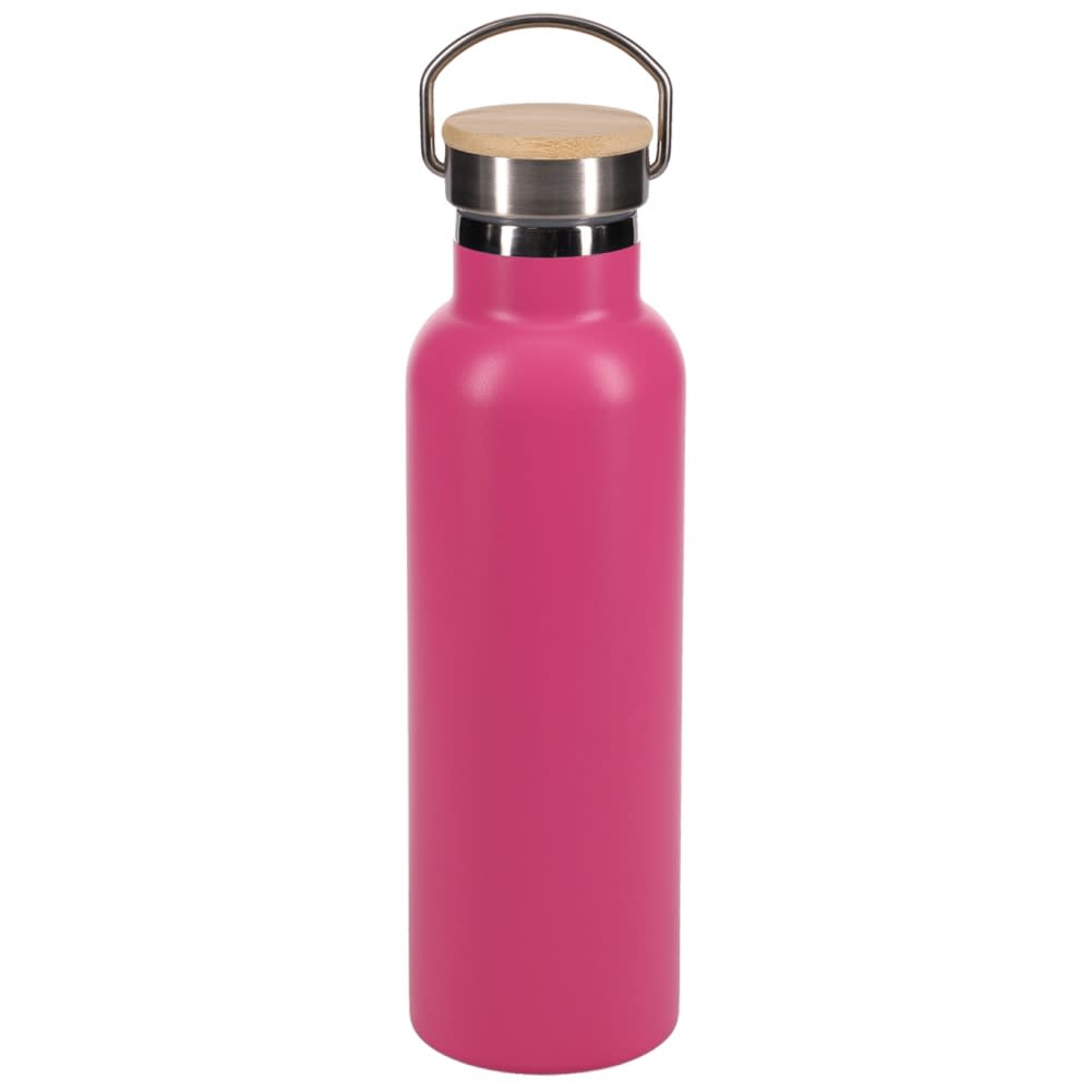 A drink bottle in vibrant pink with a stainless steel cap and a wooden handle, featuring a simple logo.