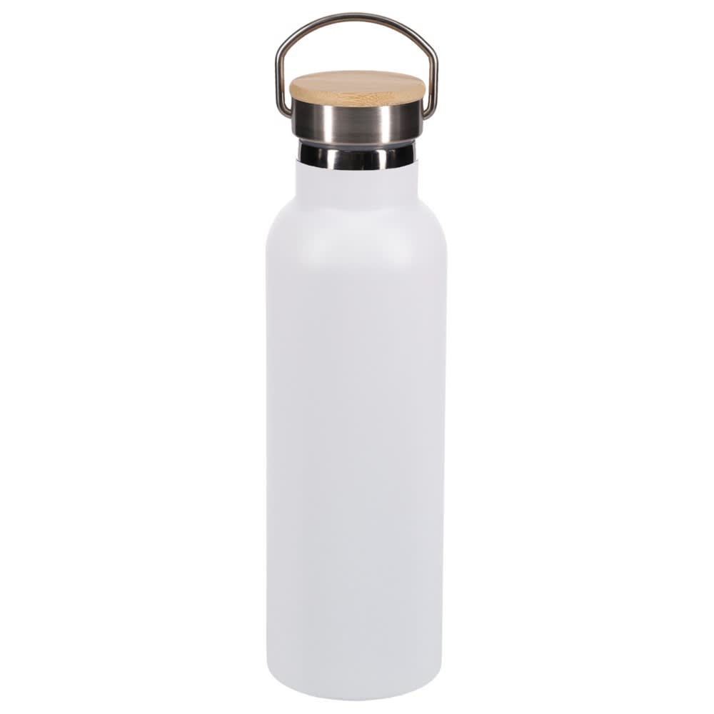 A drink bottle in white with a stainless steel lid and a bamboo top. It has a simple, sleek design.