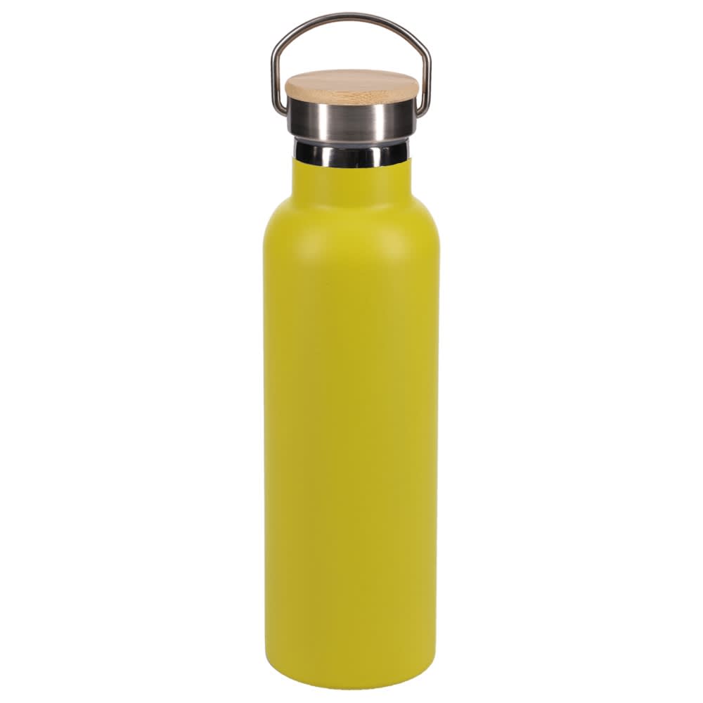 A drink bottle in vibrant yellow with a stainless steel lid and wooden handle; features a logo.