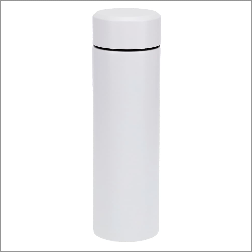 A white thermo drink bottle with a smooth finish and a black accent band near the top, featuring a logo.