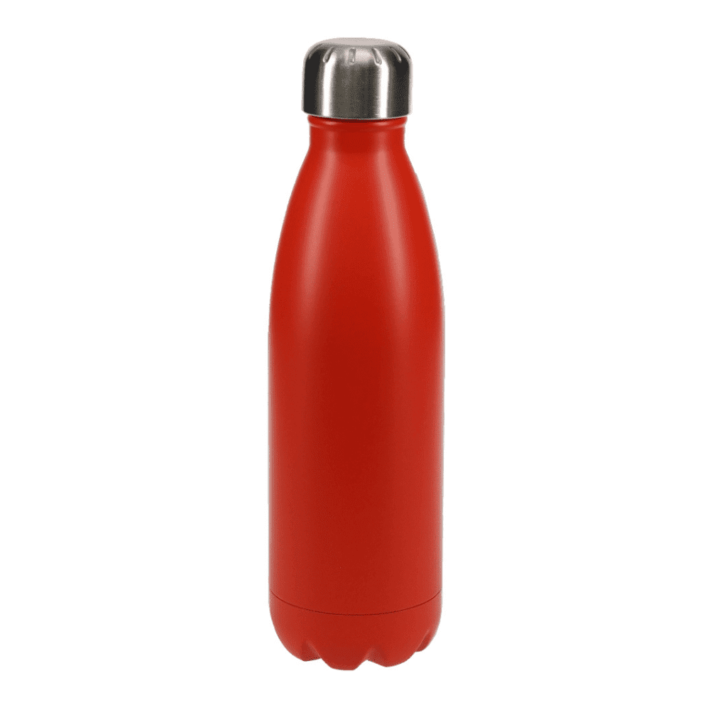 A drink bottle in vibrant red with a stainless steel cap, featuring a sleek, modern design and a branding logo.