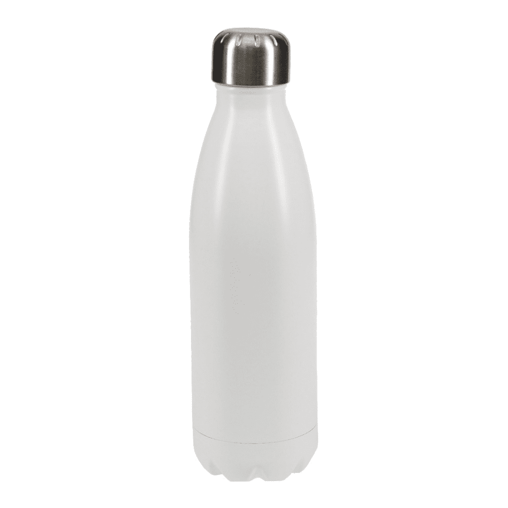 A drink bottle in sleek white with a stainless steel cap and a smooth, curved design.