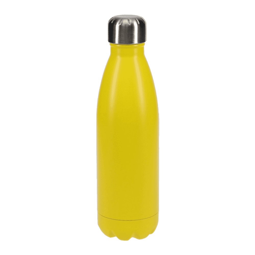 A drink bottle in bright yellow with a stainless steel cap, featuring a sleek, contoured design.
