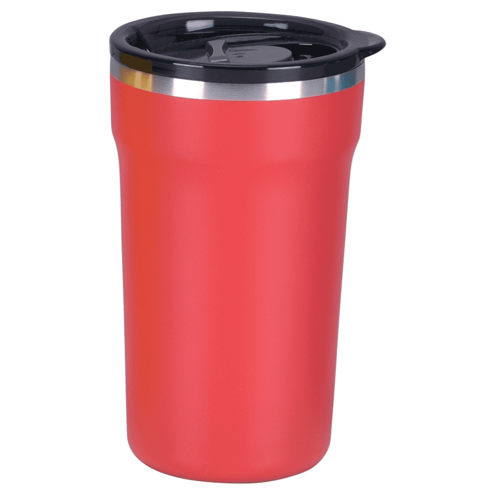 A red coffee mug featuring a black lid and a silver band around the top, designed for hot beverages.