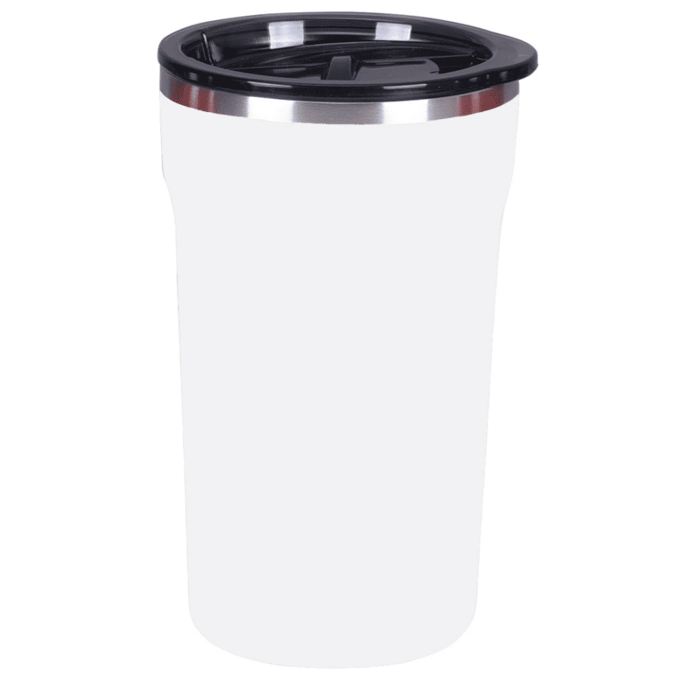 A white coffee mug with a black lid and stainless steel trim, featuring a logo.