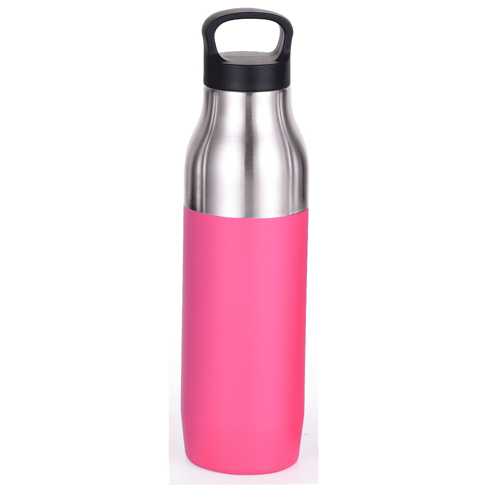 A drink bottle with a stainless steel top and a bright pink silicone bottom, featuring a black handle.