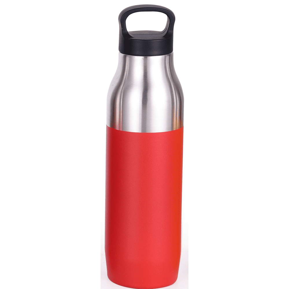 A drink bottle in stainless steel with a vibrant red silicone exterior and a black lid, featuring a logo.