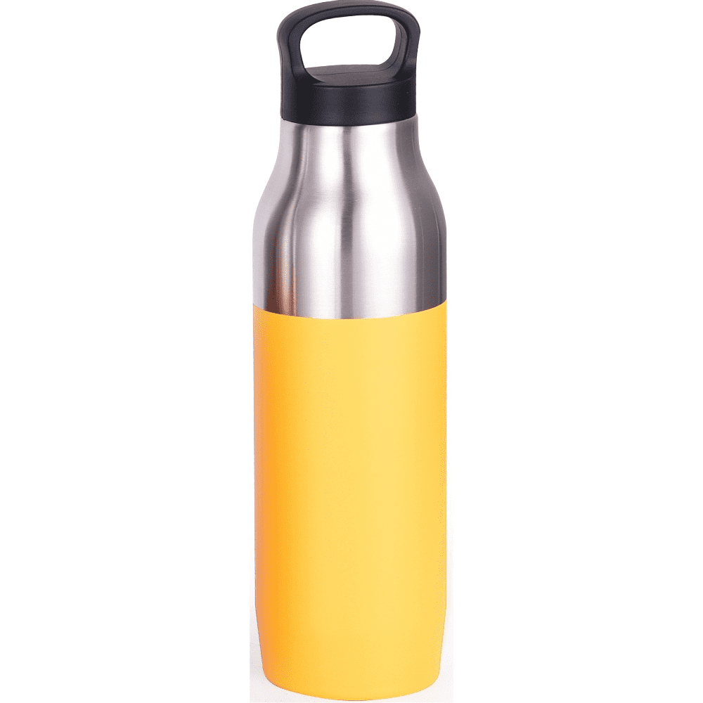 A drink bottle featuring a stainless steel upper and a bright yellow lower section, with a handle on top.