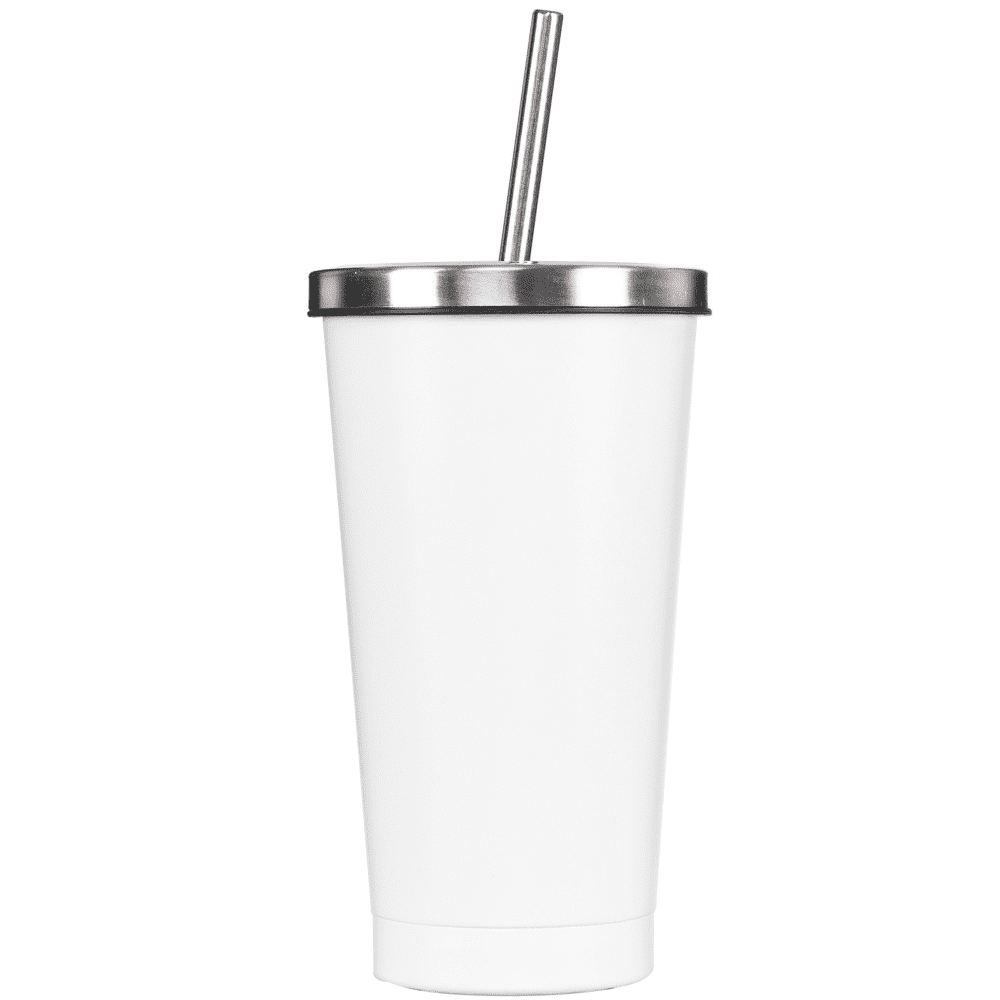 A drink bottle in white with a stainless steel lid and straw. It features a simple, sleek design.