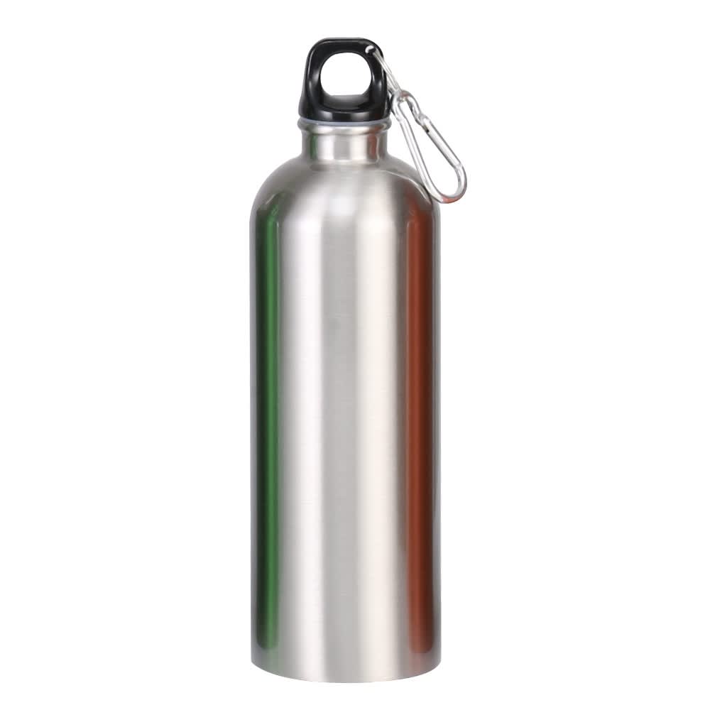 A drink bottle in stainless steel with a black top and a carabiner for attachment. Features a logo on the body.