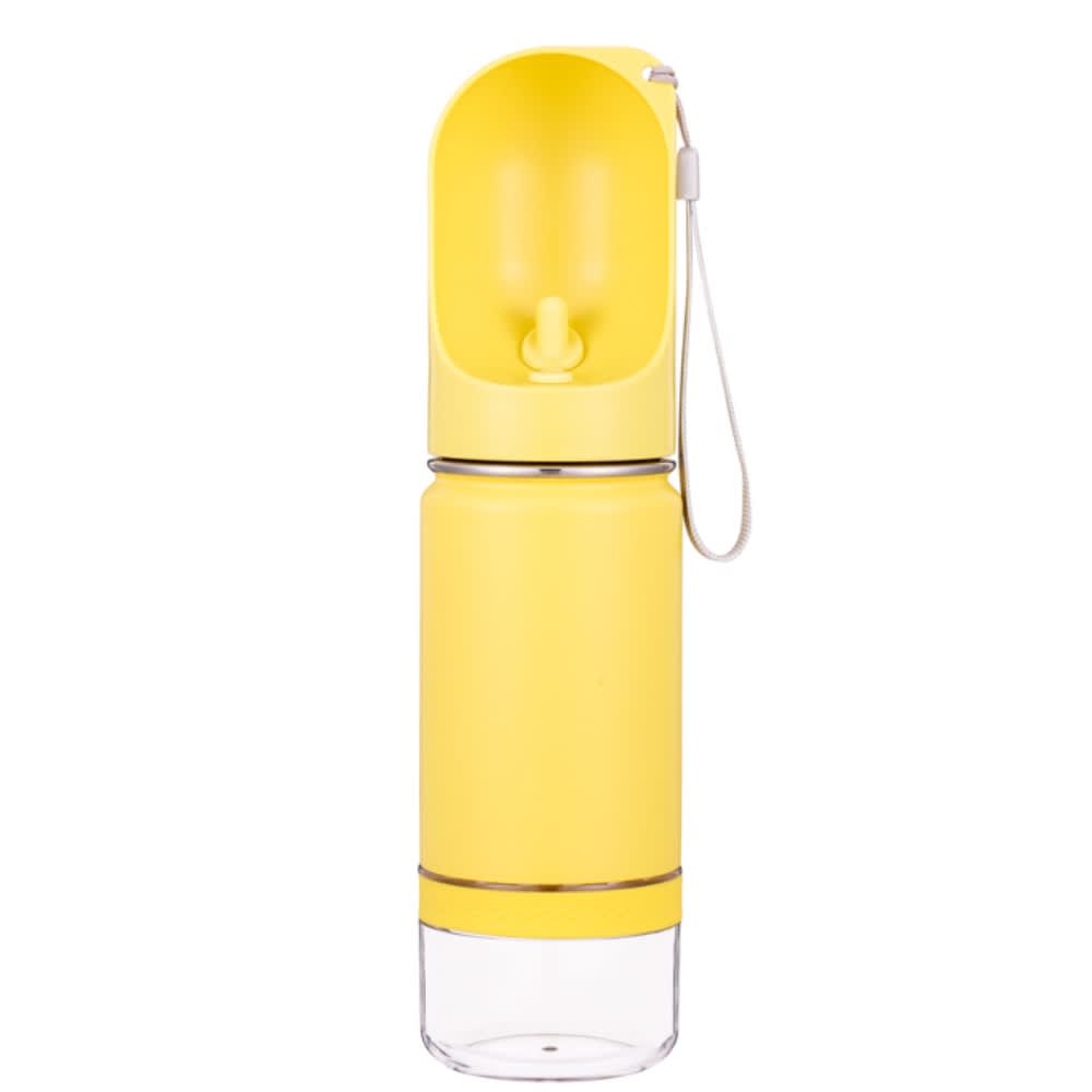 A drink bottle in bright yellow, featuring a transparent bottom section and a built-in straw with a lid.