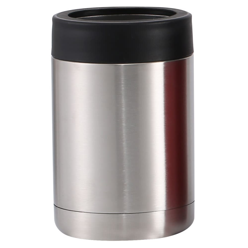 A silver drink bottle with a black lid, featuring a smooth metallic finish and a simple design. It has a logo on it.
