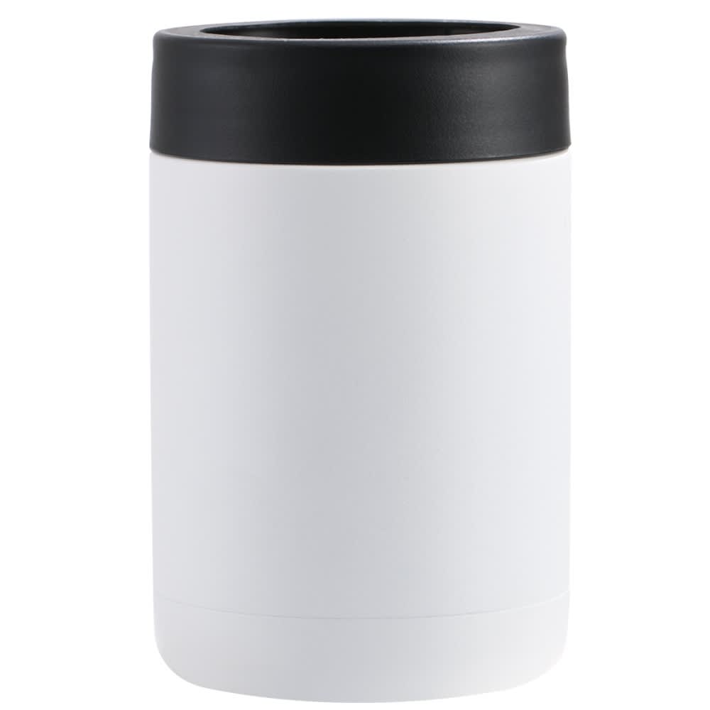 A drink bottle in white with a black lid. The bottle has a simple, modern design and features a logo.