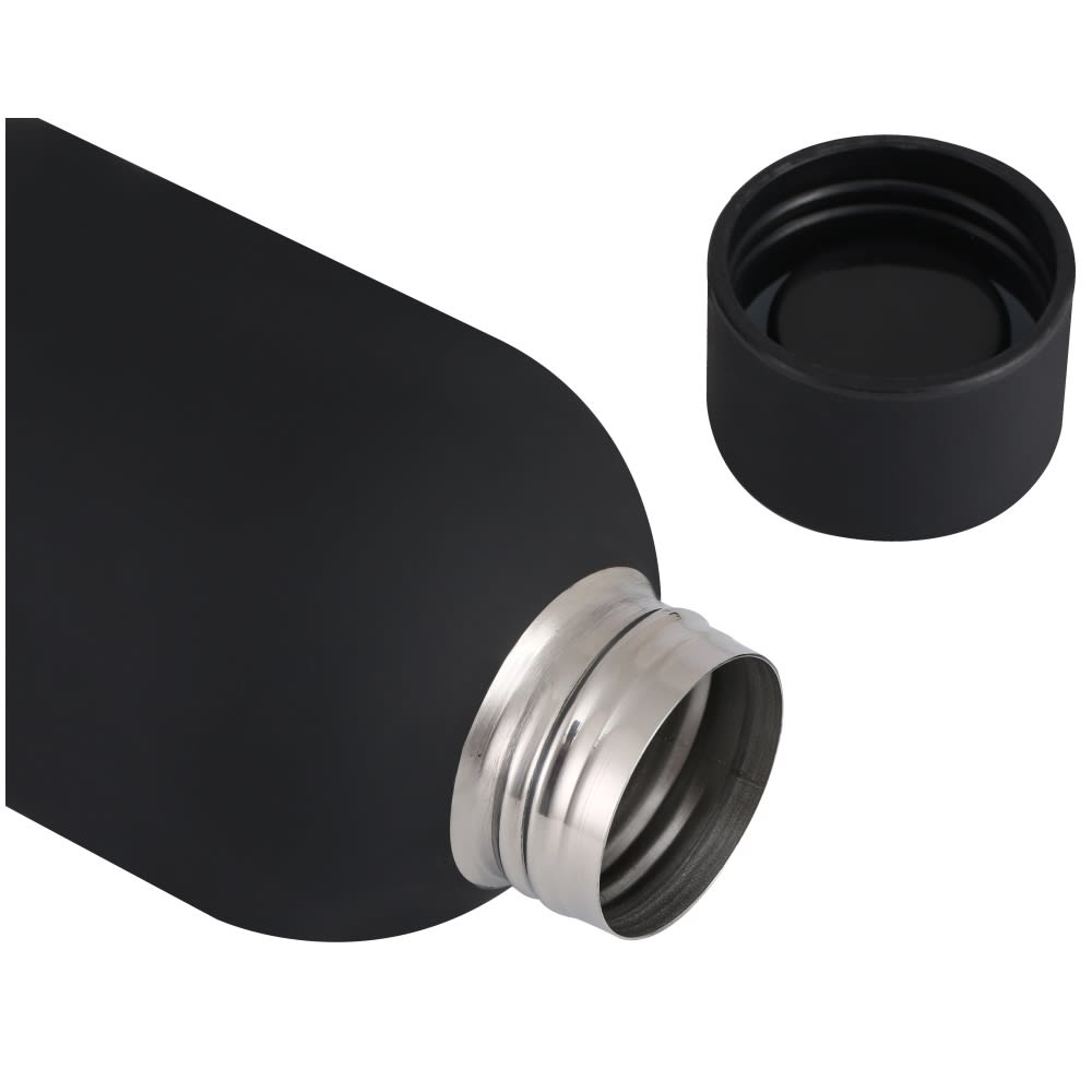 A drink bottle with a sleek black finish and a silver stainless steel opening, alongside its matching cap.