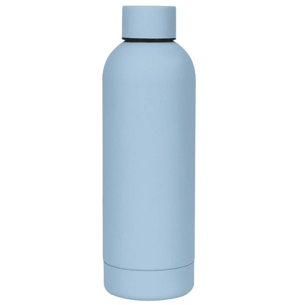 A drink bottle in a soft blue colour with a sleek, rounded design and a black rim, featuring a logo.