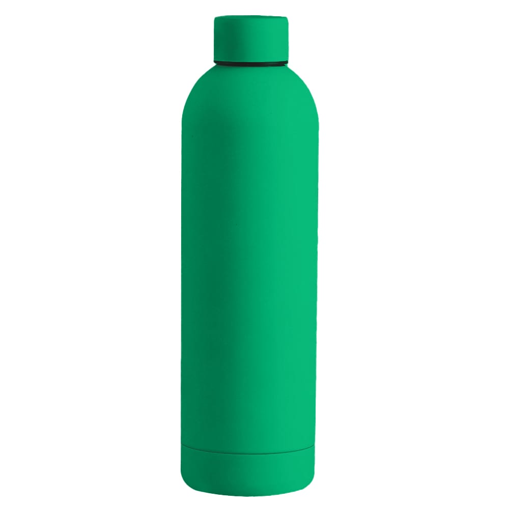 A drink bottle in a vibrant green colour with a sleek, matte finish and a screw-on lid.