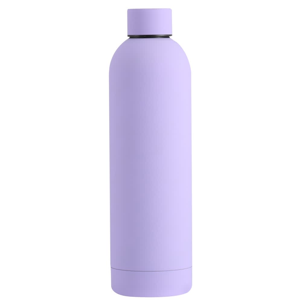 A drink bottle in a soft lavender colour with a sleek, minimalist design and a logo on the side.