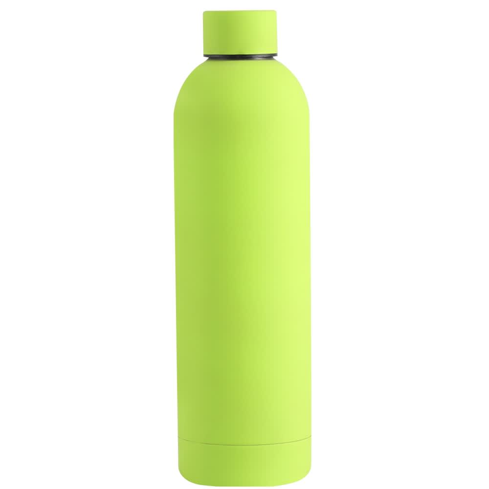 A drink bottle in bright lime green with a sleek, smooth surface and a screw-top lid. It features a logo.