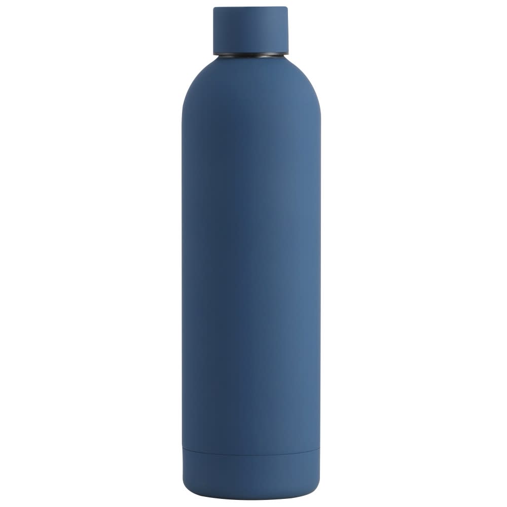A drink bottle in matte navy blue, featuring a cylindrical shape and a screw-on lid. It has a branding logo.