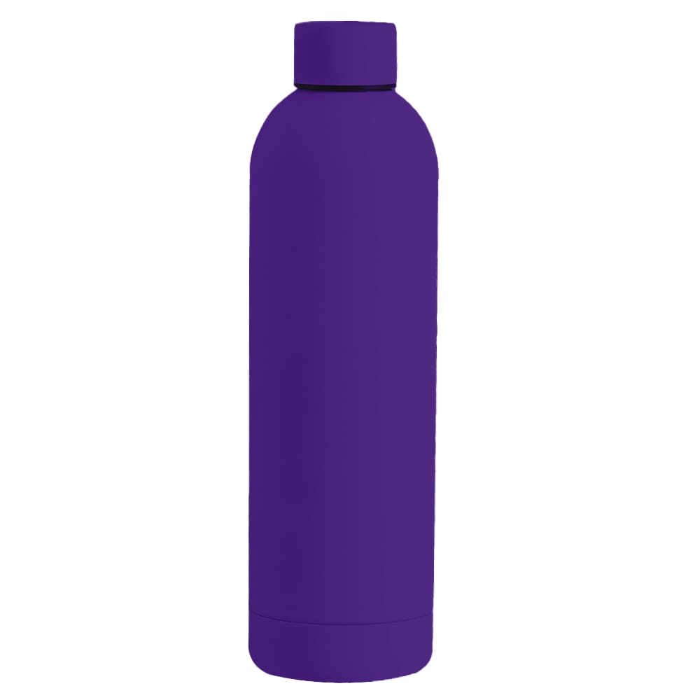 A drink bottle in a vibrant purple colour with a rounded shape and a screw-on lid. It features a logo.