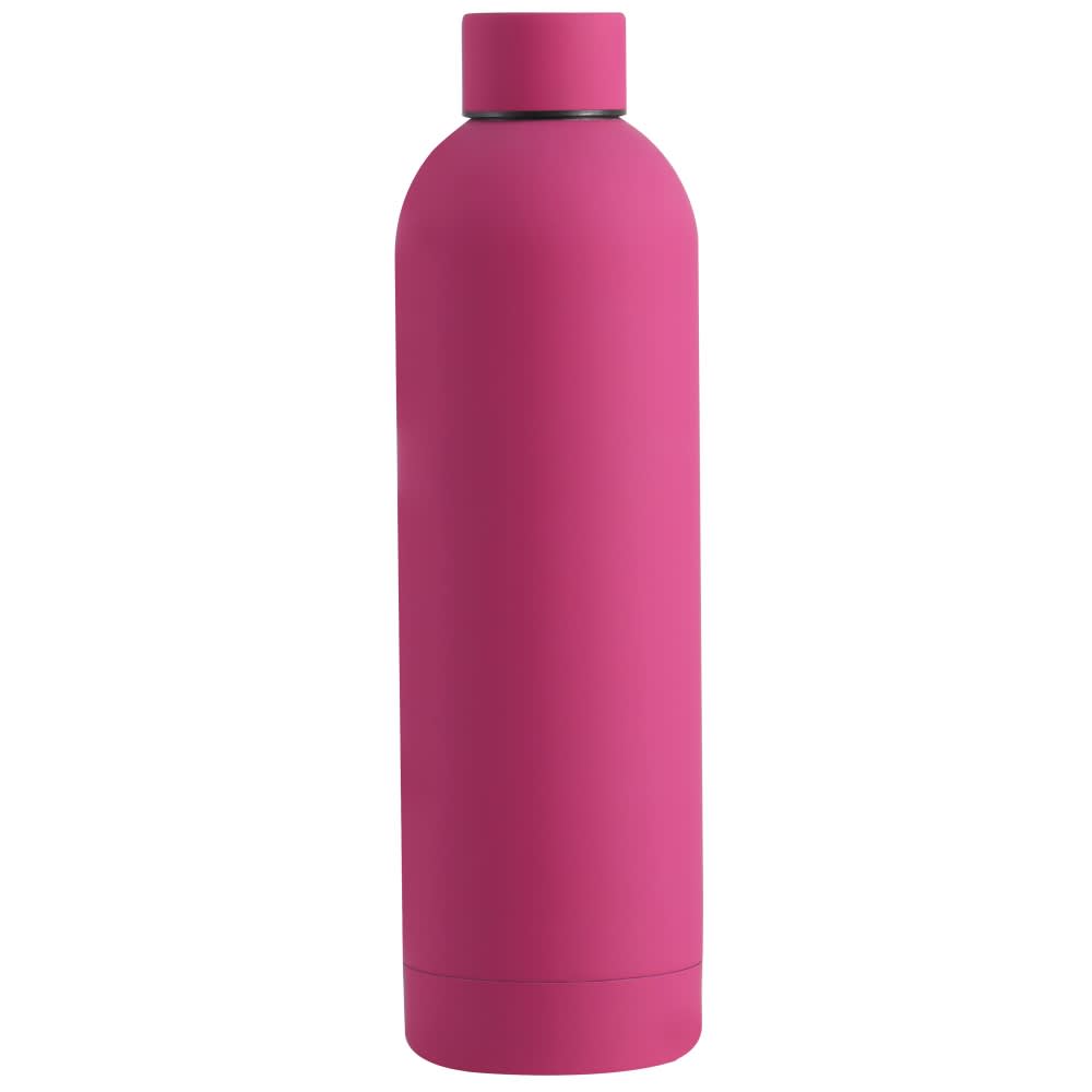 A drink bottle in a vibrant pink hue with a sleek, smooth design and a cap. Features a logo on the bottle.