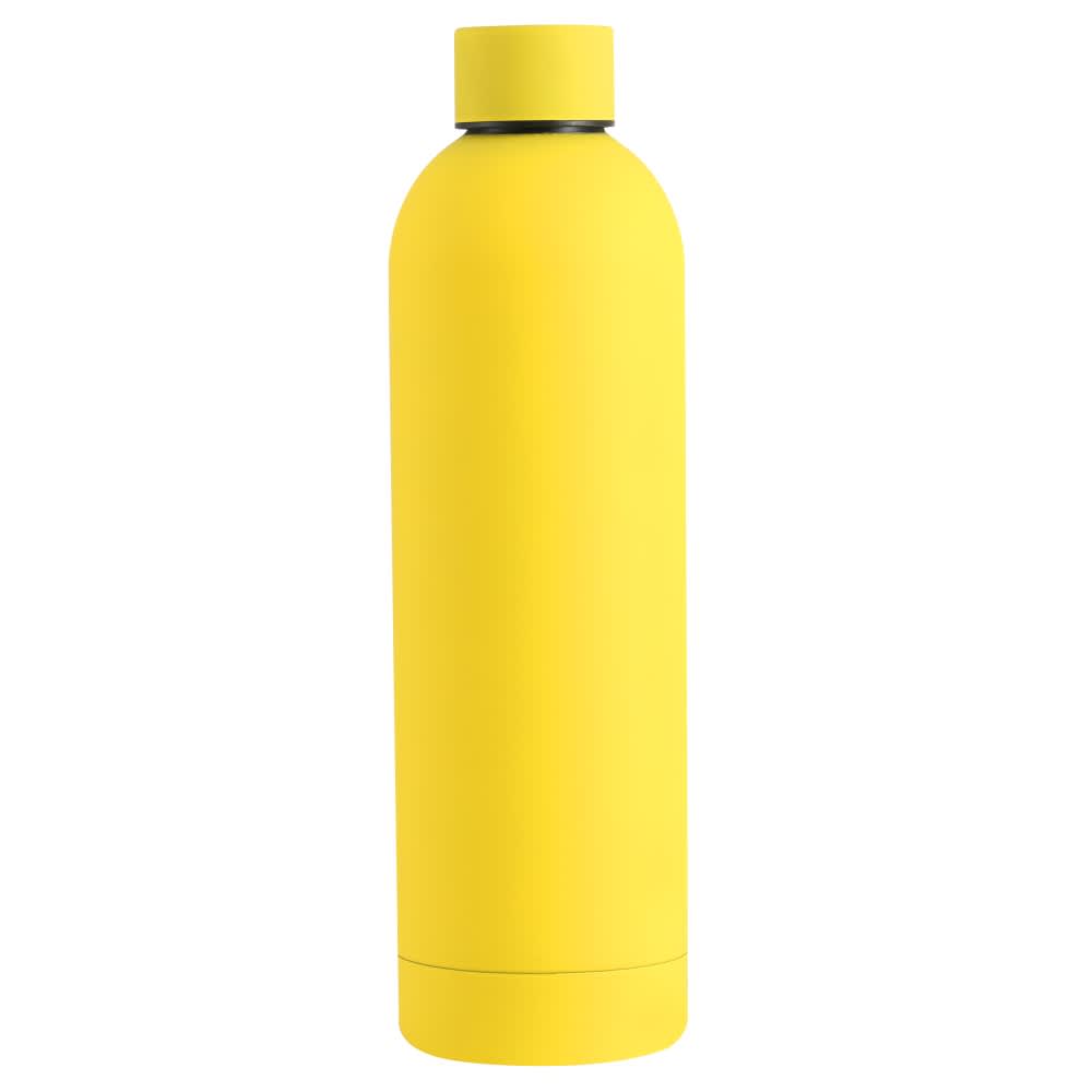 A drink bottle in bright yellow, featuring a sleek design and a fitted cap. It has a logo on the surface.