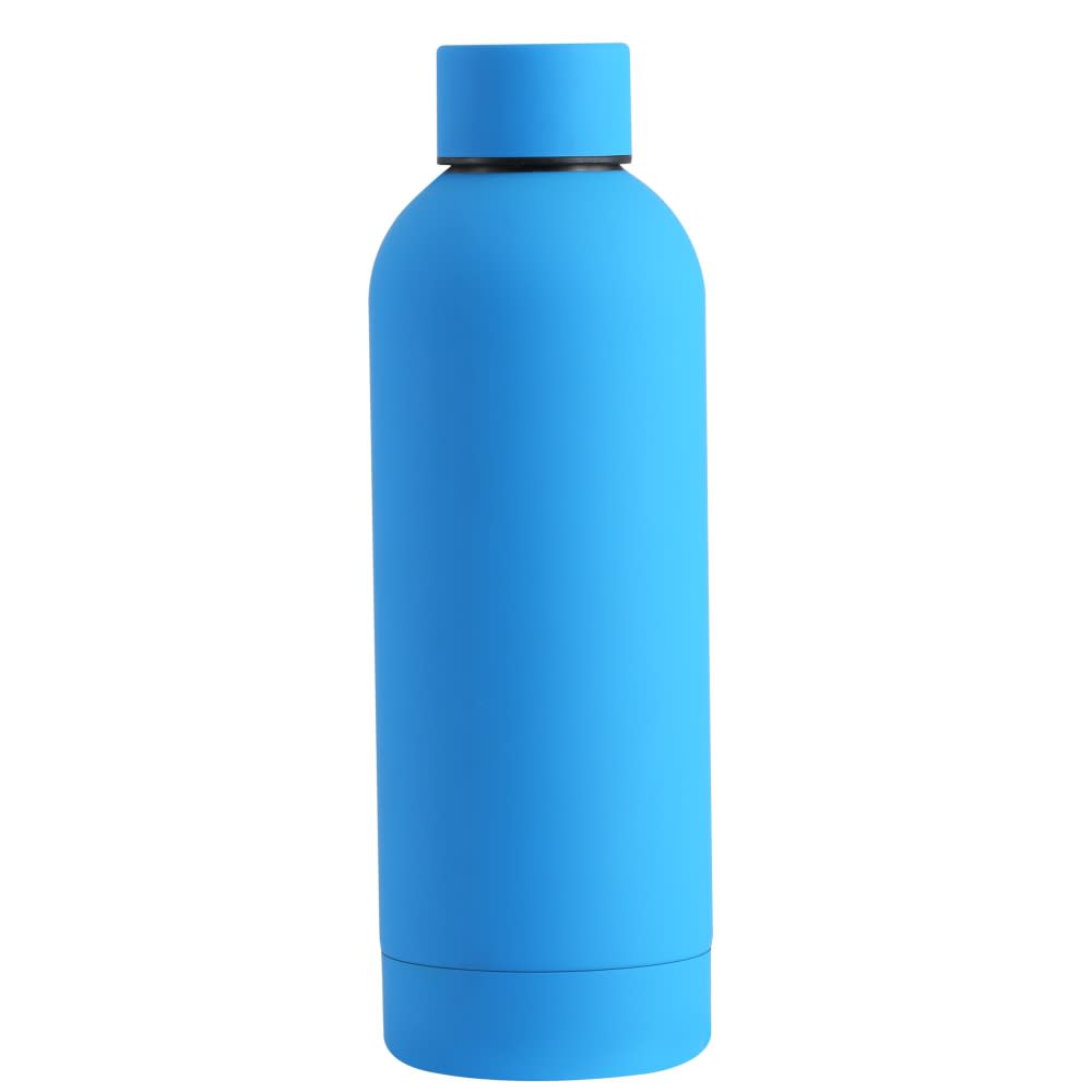 A drink bottle in a vibrant blue colour with a smooth, matte finish and a screw-top lid. It features a logo.