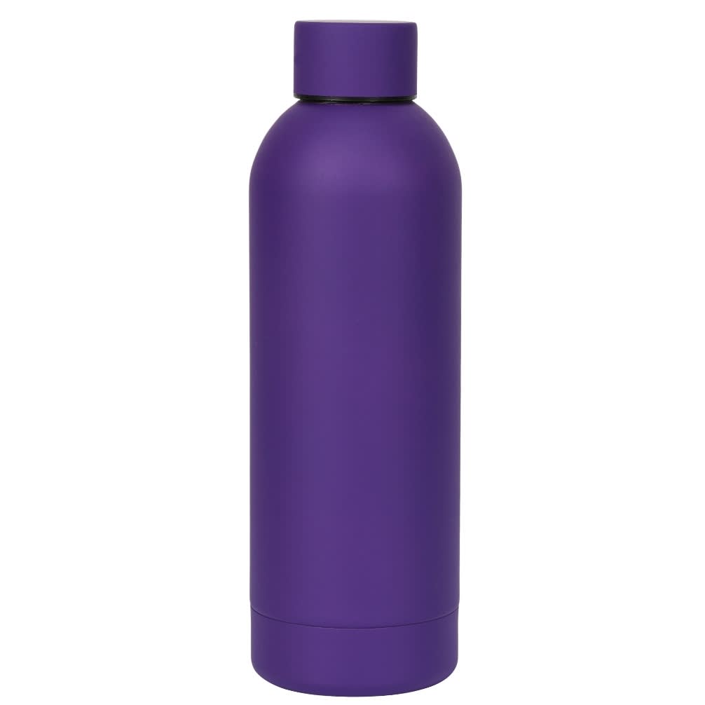 A drink bottle in a matte finish, featuring a sleek design and a vibrant purple colour. It has a logo on the surface.