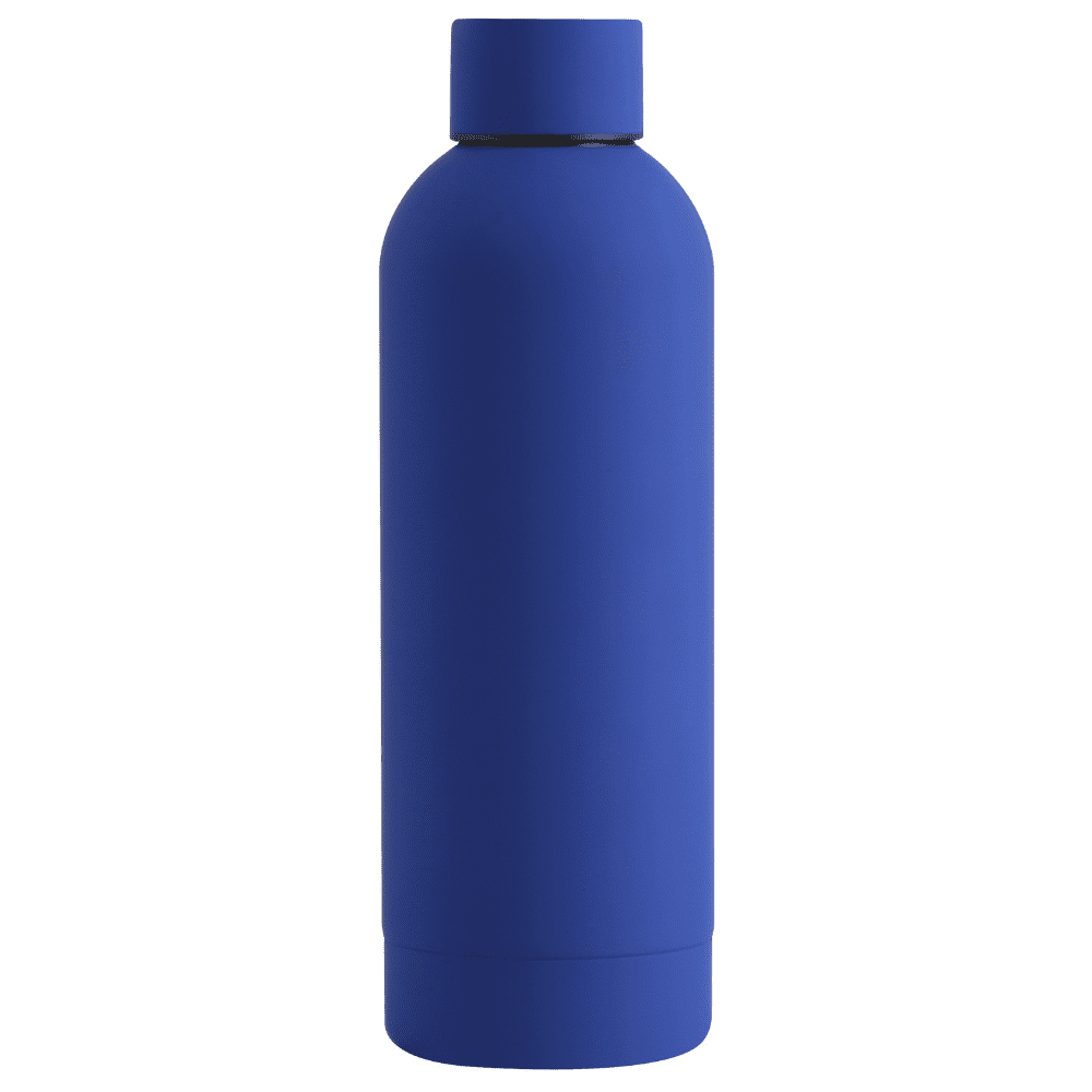 A drink bottle in a solid blue colour, featuring a sleek design and a logo on the body.