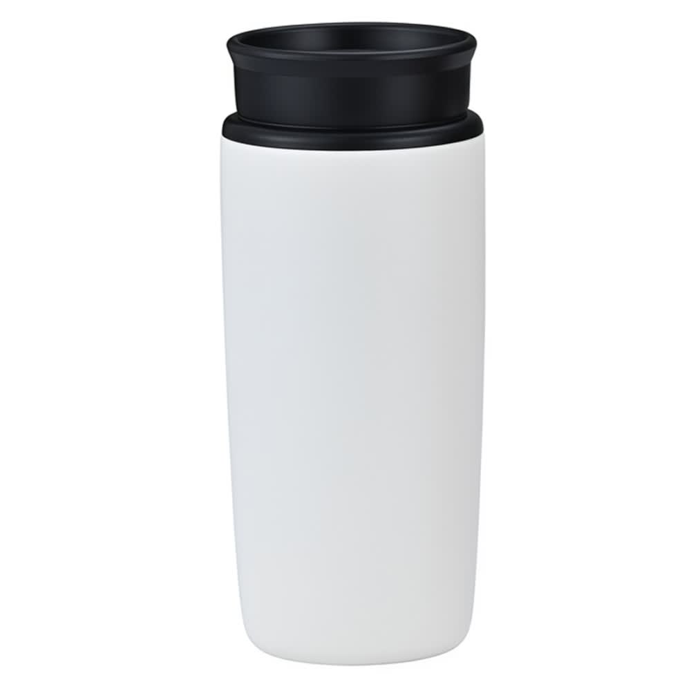 A travel mug with a sleek white body and a black lid. Features a logo on the surface.