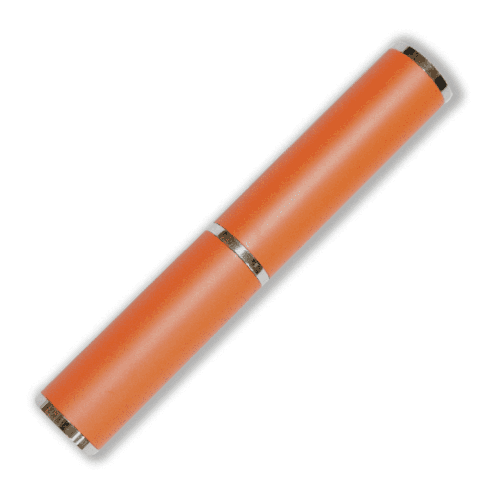 An orange pen tube with silver accents, featuring a smooth cylindrical design and a logo.