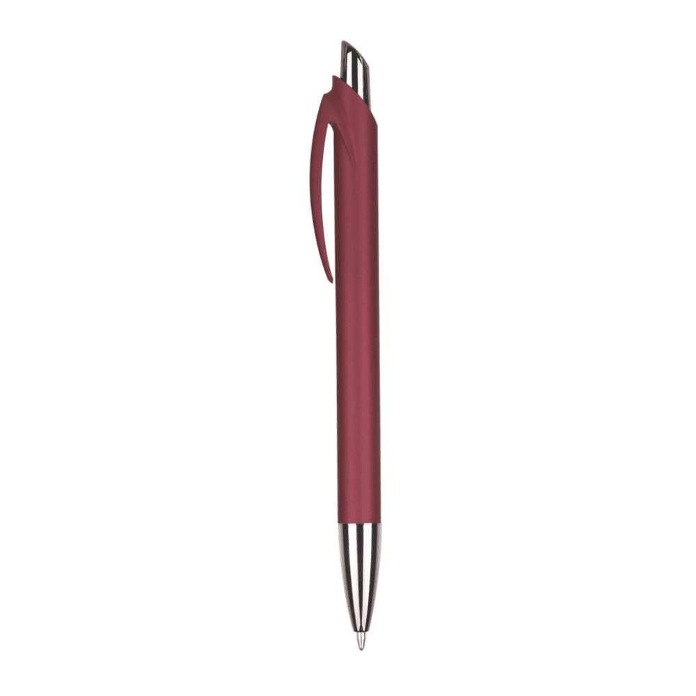 A maroon plastic pen with a sleek design and a silver tip, featuring a clip for easy attachment.