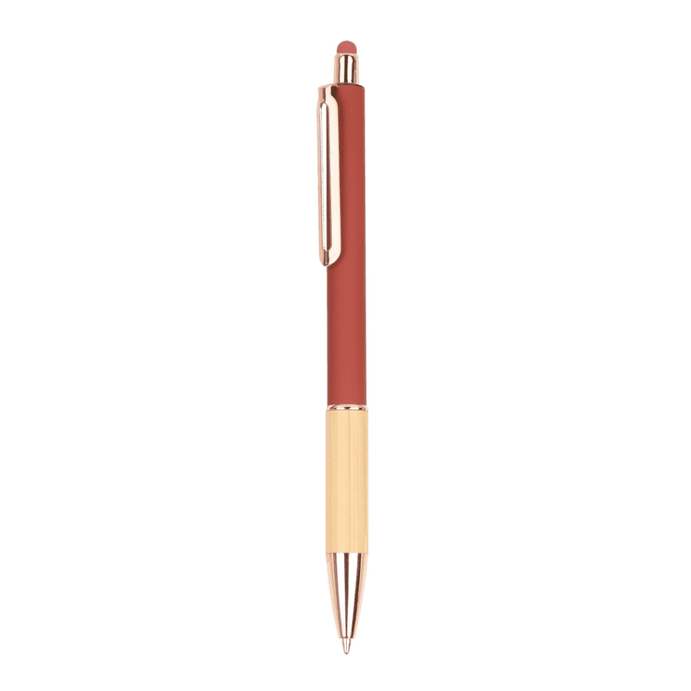 A wooden pen with a reddish-brown upper section and a light wooden lower section, featuring a gold accent.